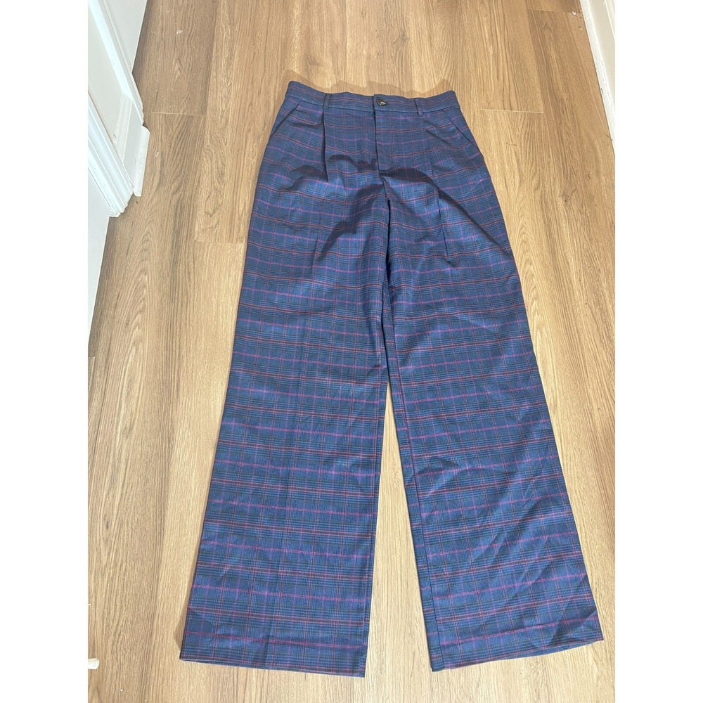 NWT Zara Womens Large Navy Red Tartan Plaid Wide Leg Pleated Trousers Pants